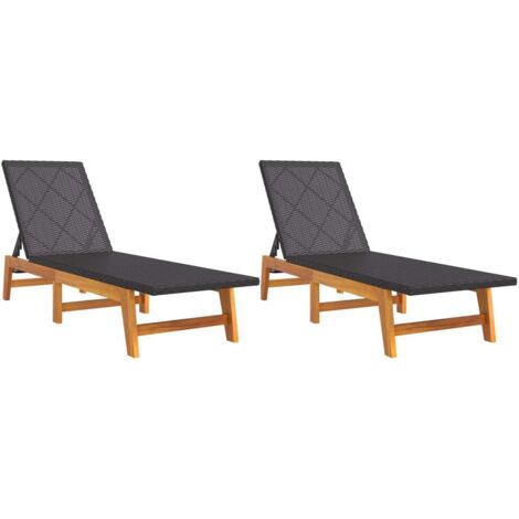 Chaises longues  Transat  Bain de soleil lot de 2 noir/marron résine tressée/bois acacia