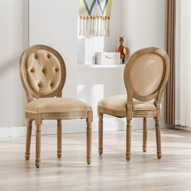 fortuna lai - lot de 2 chaises médaillons, avec boutons tuftés, style louis-xvi, pieds en bois massif, assise en lin, 95x60x50cm, beige