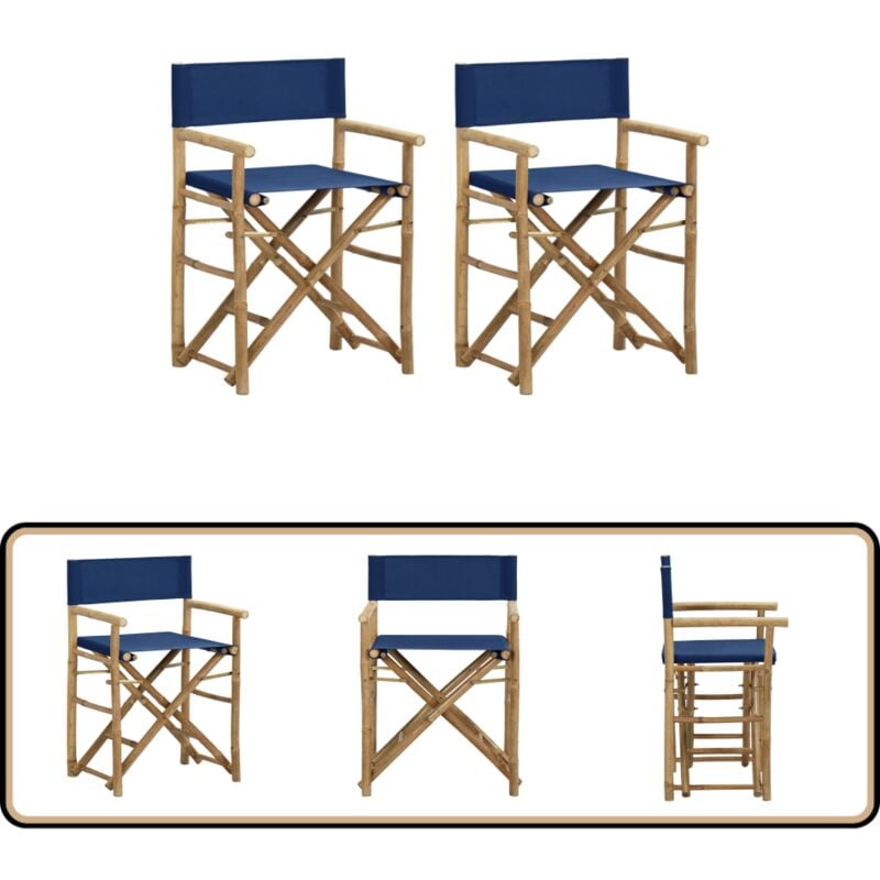 Chaises pliables de directeur lot de 2 Bleu Bambou et tissu - Chaise De Jardin - Chaise Pliante - Mobilier De Jardin - Chaises En Bambou - Chaise