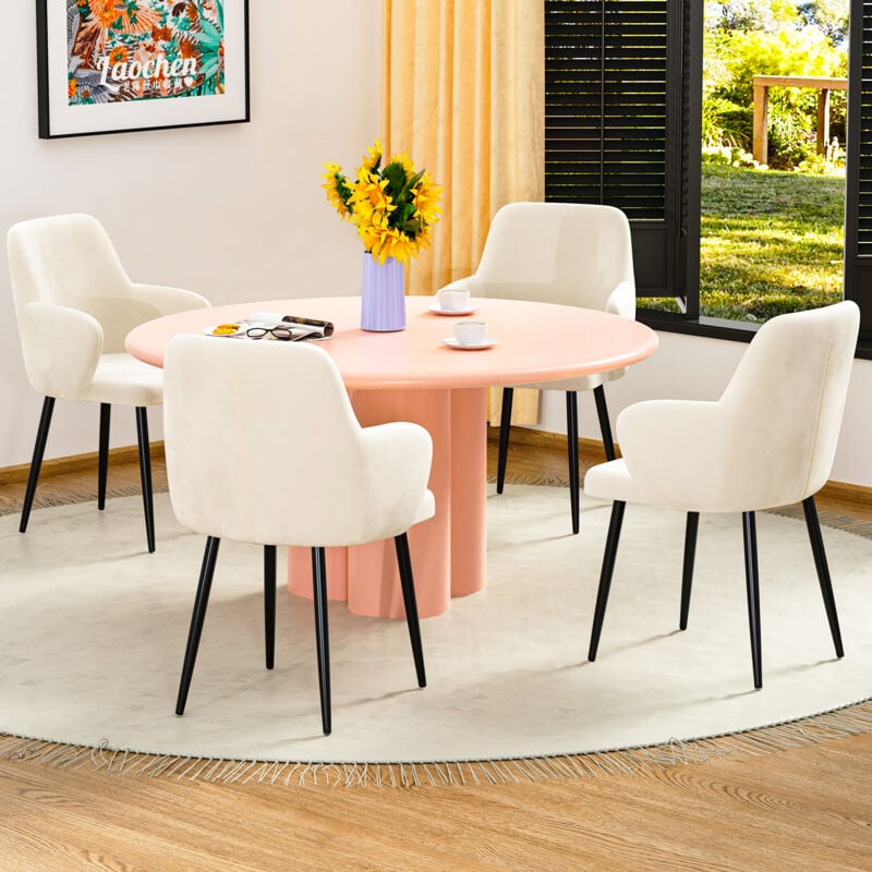 Skecten - Chaises Salle à Manger avec Accoudoirs Lot de 2 Chaises Fauteuil Rembourrée en Polyester Beige Pieds en Métal Noir pour Salle Cuisine