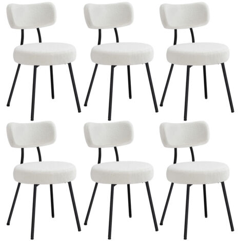Chaises Salle à Manger, Lot de 6, Tissu Peluche, Dossier Courbé, Chaises de Cuisine, Rembourrées, Cader en Acier, Modernes, Salon, Coiffeuse, Blanc Crème