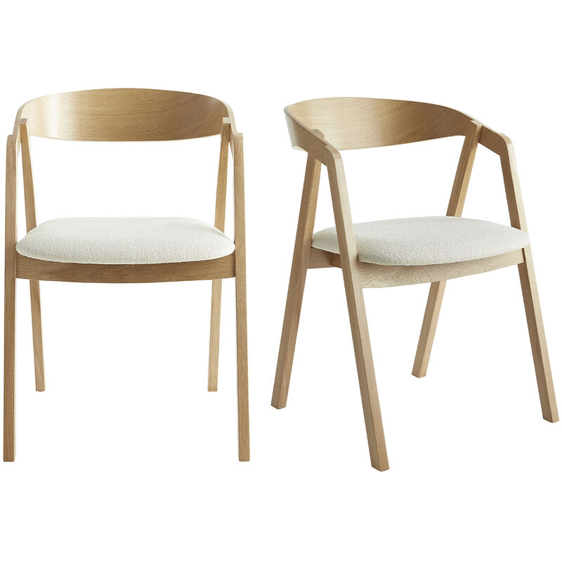 Chaises scandinaves empilables en bois clair chêne et tissu effet laine bouclée blanc cassé (lot de 2) LOVA