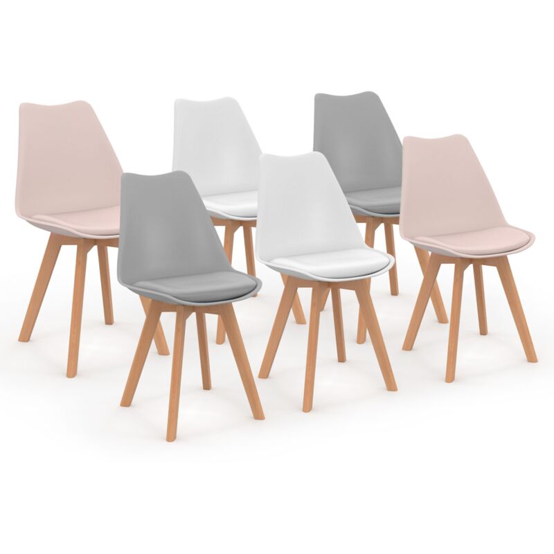 Lot de 6 chaises scandinaves sara mix color pastel rose x2, gris clair x2 et blanc x2