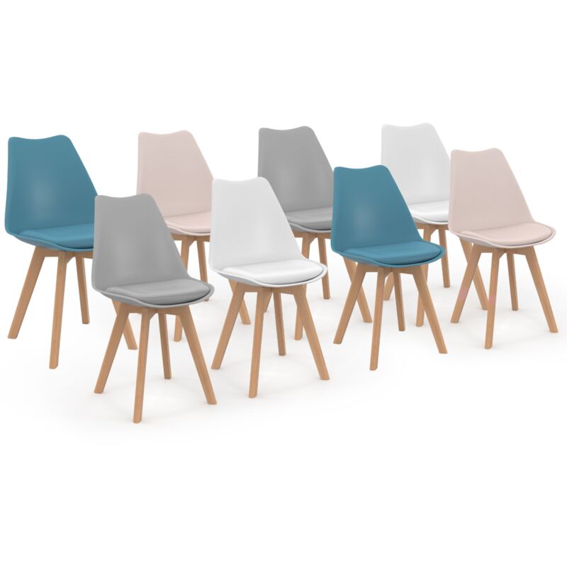 Idmarket - Lot de 8 chaises scandinaves sara mix color pastel rose x2, blanc x2, gris clair x2, bleu x2