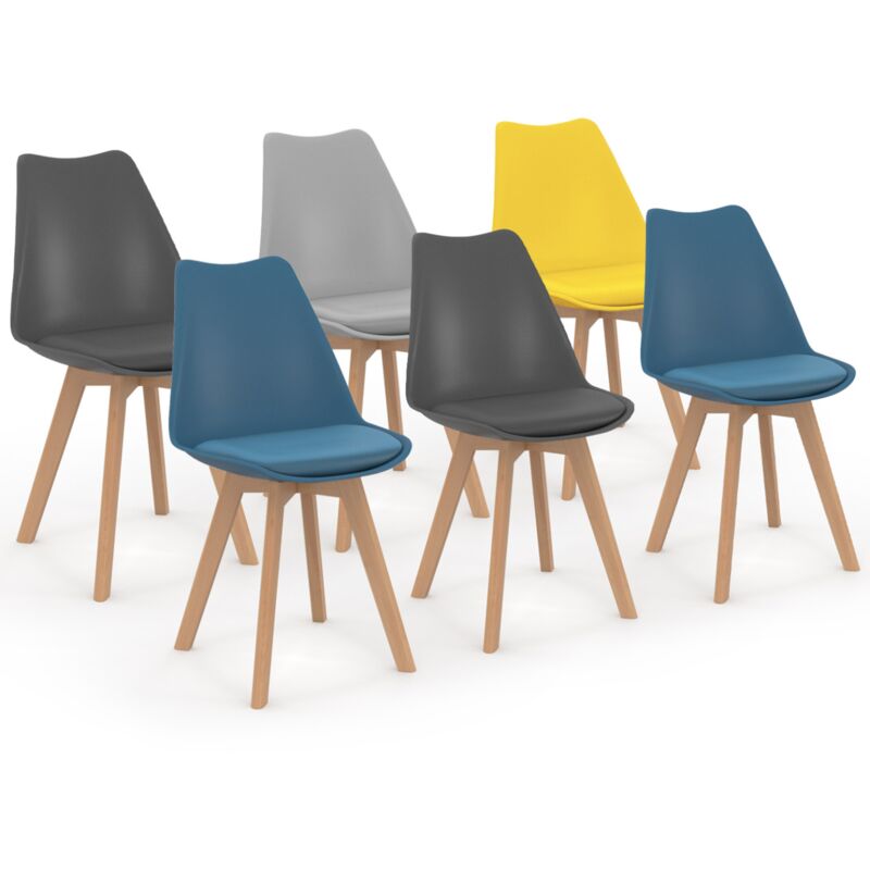 Lot de 6 chaises scandinaves sara mix color bleu x2, gris clair, gris foncé x2, jaune