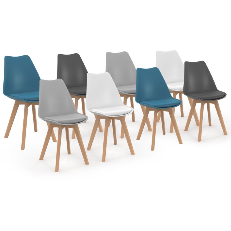 Idmarket - Lot de 8 chaises scandinaves sara mix color blanc x2, gris clair x2, gris foncé x2, bleu canard x2