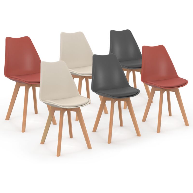 Lot de 6 chaises scandinaves sara mix color gris foncé x2, terracotta x2, beige x2
