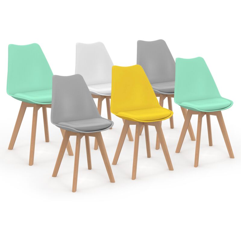Lot de 6 chaises scandinaves sara mix color pastel jaune, blanc, gris clair x2, vert mentholé x2
