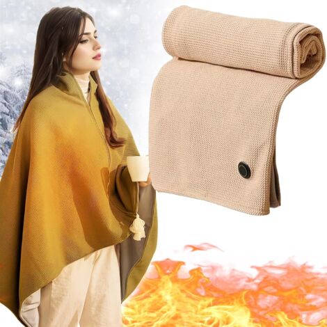 Châle chauffant portable - Couverture électrique douce à fermeture éclair, portable, sans fil, idéal pour la maison ou les voyages (beige)