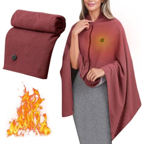 Châle chauffant portable - Couverture électrique douce à fermeture éclair, portable, sans fil, idéal pour la maison ou les voyages (rouge)
