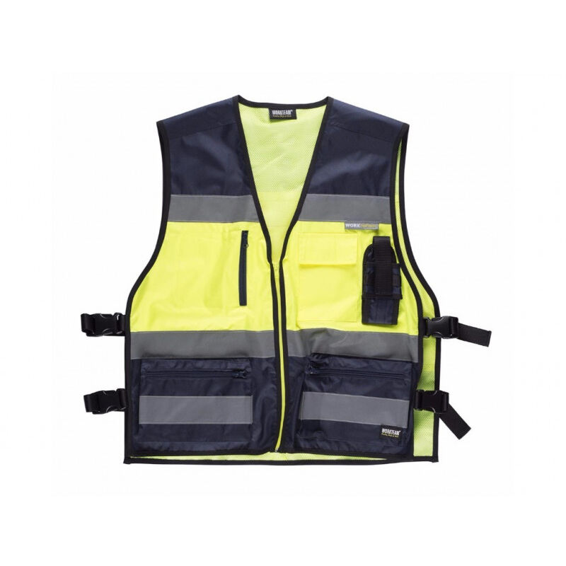 

Chaleco fluor con ajustes laterales y bolsillo trasero WORKTEAM C3602 | Marino+Amarillo A.V. - U