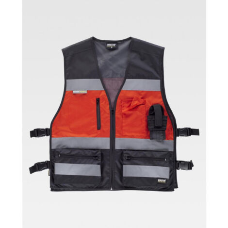 Chaleco fluor con ajustes laterales y bolsillo trasero WORKTEAM C3602 U Negro+Rojo