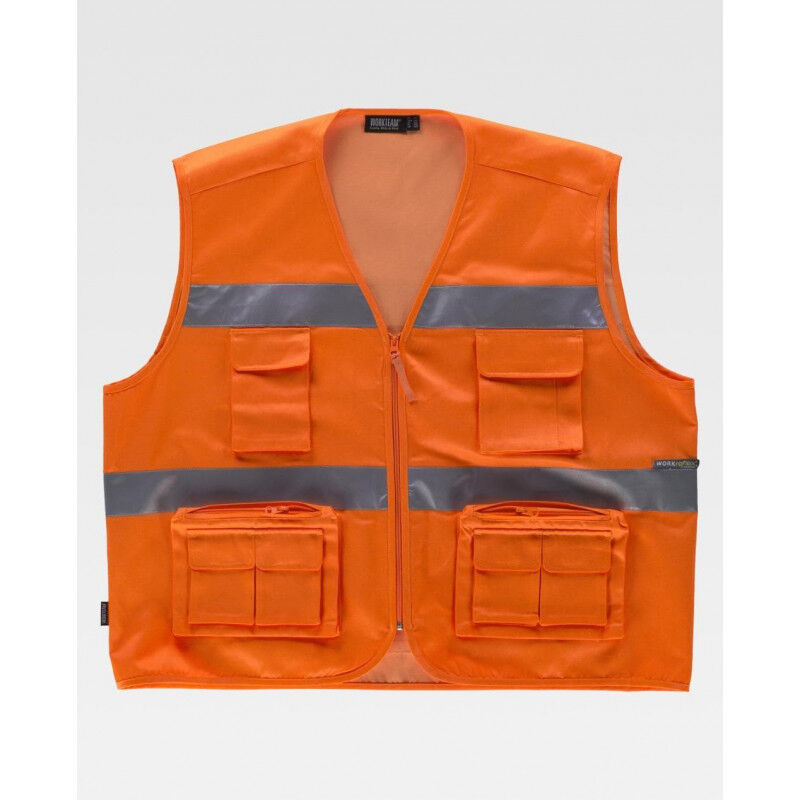 

Chaleco tipo safari de alta visibilidad con bolsillo trasero WORKTEAM C3647 | M - Naranja A.V.