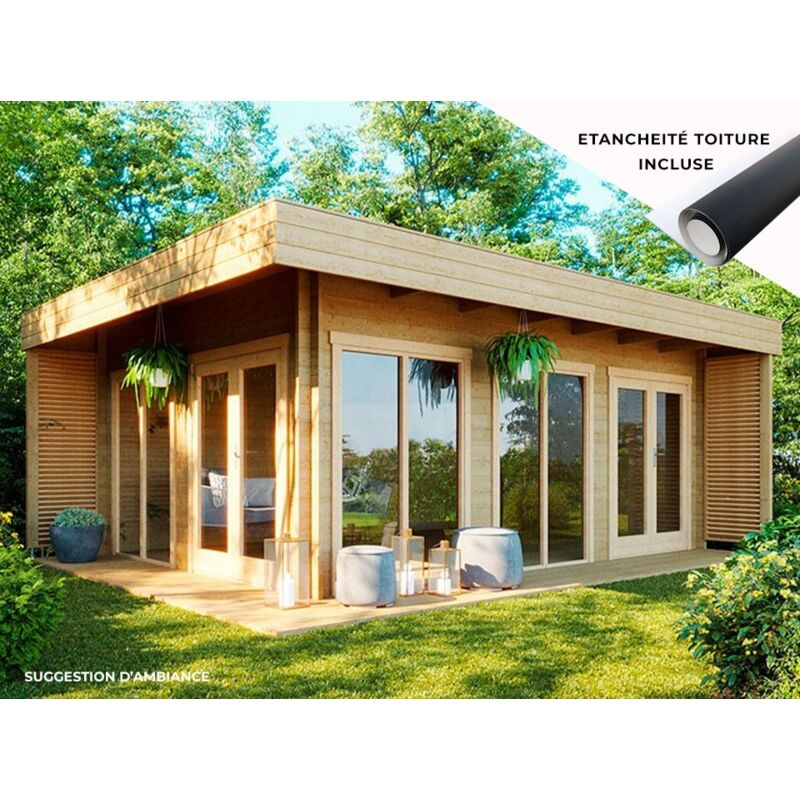 Direct Abris - Chalet en Bois lumio 19,7M2 - 44 mm - 2 Doubles Portes + 3 Baies Fixes - Etanchéité toiture incluse