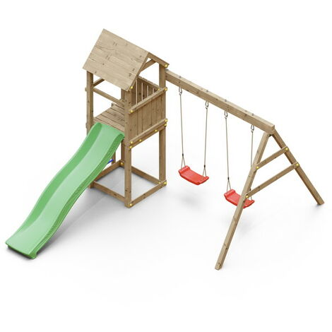Chalet & Jardin – Aire de jeux extérieure en bois avec 1 toboggan 2,2m et 2 balançoires – Pin traité autoclave – Pour 6 enfants jusqu'à 50kg – Dimensions 348x284x188cm