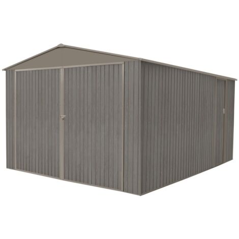Chalet & Jardin – Garage métal aspect bois vieilli 17,47 m² – Structure en acier galvanisé – Dimensions extérieures 380 x 480 x 232 cm – Protection durable