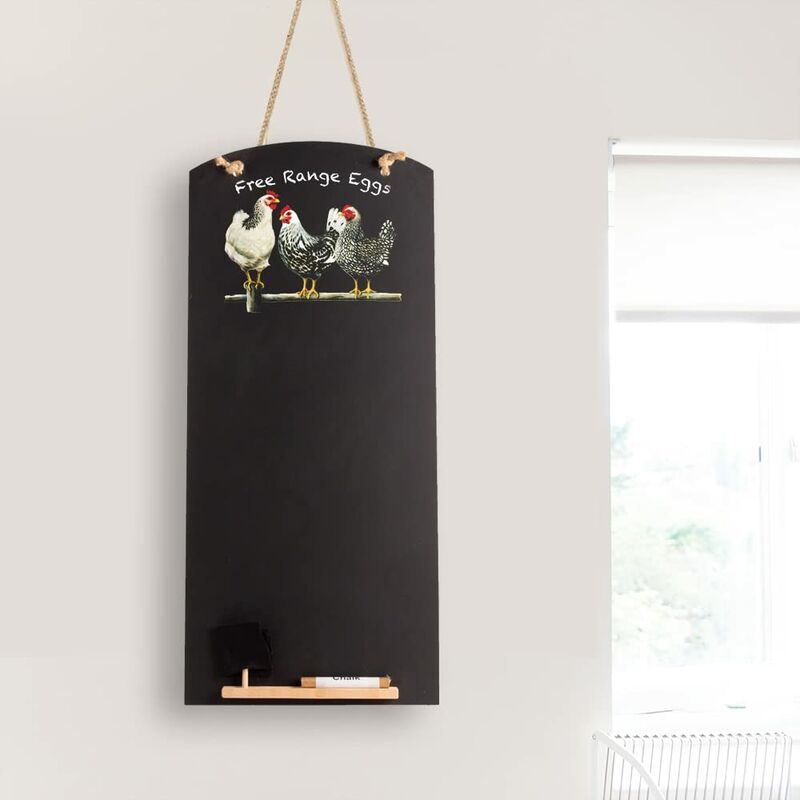 Image of Chalkboards UK nero e bianco polli stampato alto sottile lavagna/lavagna/memo board/cucina, con corda, vassoio e gesso. Cabine design RANGE, legno,