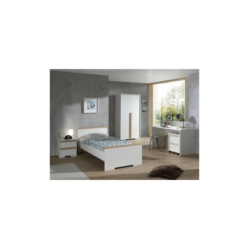 Les Tendances - Chambre 2 pièces lit et chevet 2 tiroirs bois hêtre blanc mat London 90x200 cm