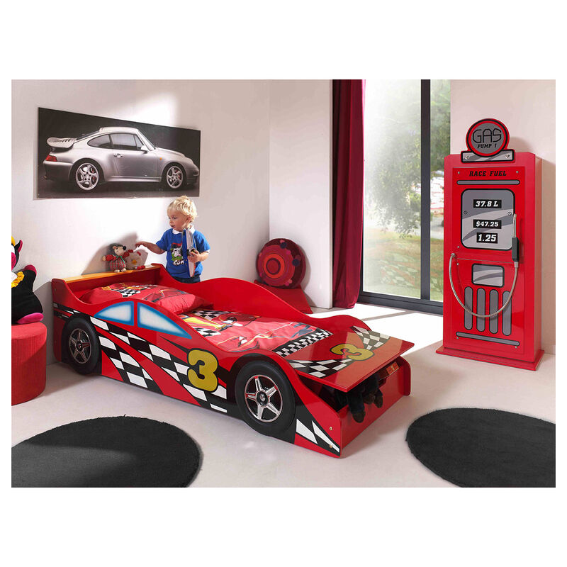 Les Tendances - Lit 70x140 Race sommier inclus et Armoire 1 porte pompe à essence Vipack Car Beds - Rouge