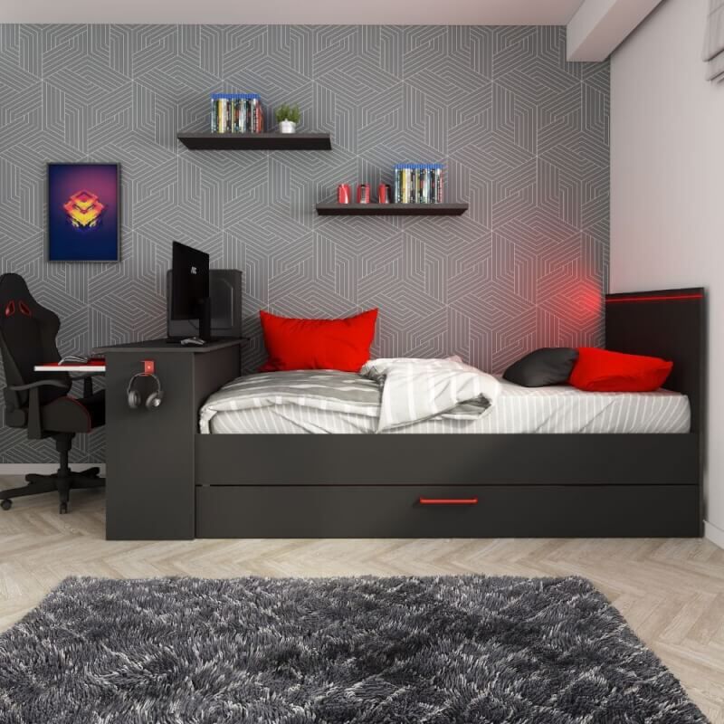 Webmarketpoint - Chambre 5040 avec lit simple avec lit gigogne et bureau intégré coloris anthracite et rouge réversible