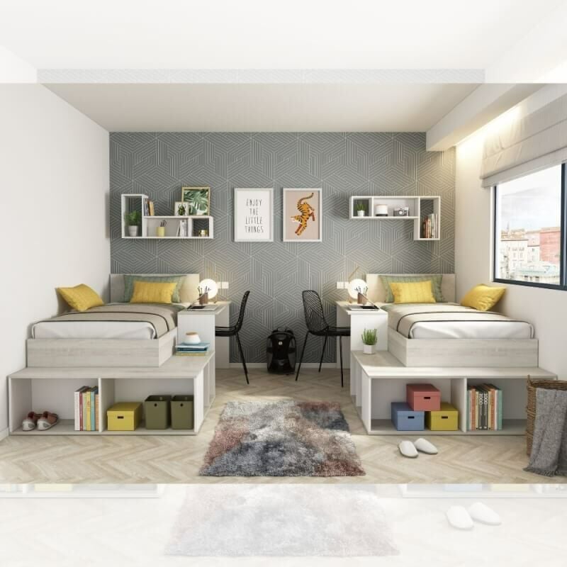 Webmarketpoint - Chambre 6040 avec lit simple et bureau en blanc usé et blanc