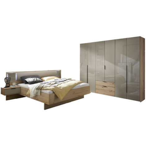 Chambre à coucher (Armoire + Lit adulte 160x200 cm + 2 chevets) coloris imitation chêne Artisan, Façade verre gris