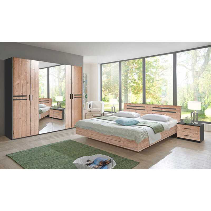 Chambre à coucher compléte adulte (lit 160 x 200 + 2 chevets + armoire) coloris effet bois Pegane