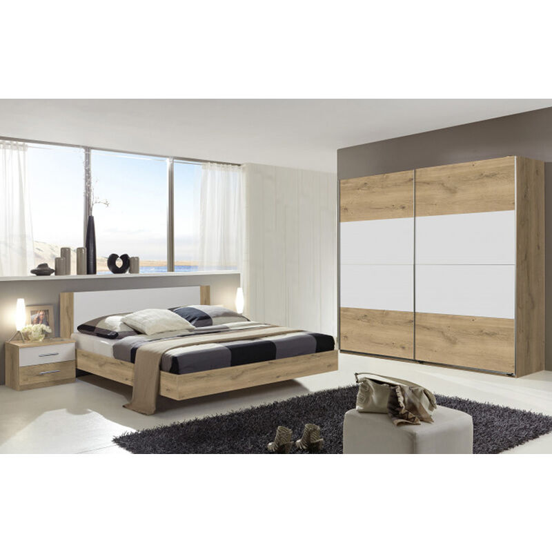 Pegane - Chambre à coucher complète adulte (lit 180x200cm + 2 chevets + armoire) coloris imitation chêne poutre/blanc