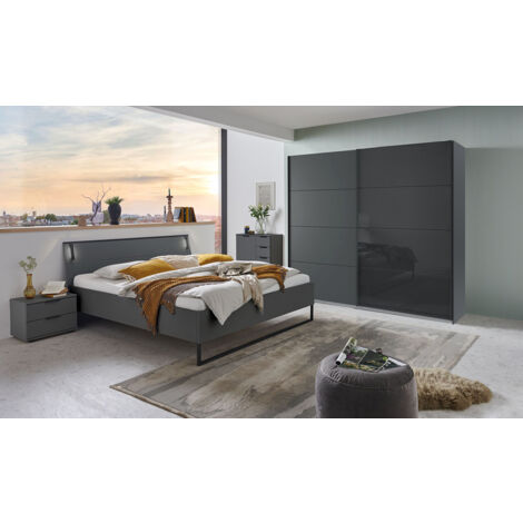 Chambre à coucher complète adulte ( lit adulte 160 x 200 cm  + chevet+ commode de rangement +  Armoire )  coloris Graphite/Noir rechampis graphite