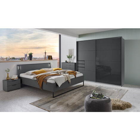 Chambre à coucher complète adulte ( lit adulte 180 x 200 cm  + chevet+ commode de rangement +  Armoire ) coloris Graphite/Noir rechampis graphite
