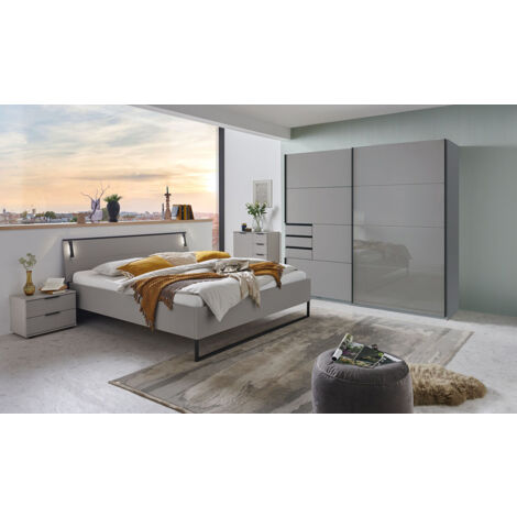 Chambre à coucher complète adulte ( lit adulte 180 x 200 cm+ Commode + tables de chevet+ Armoire ) coloris Gris, rechampis graphite