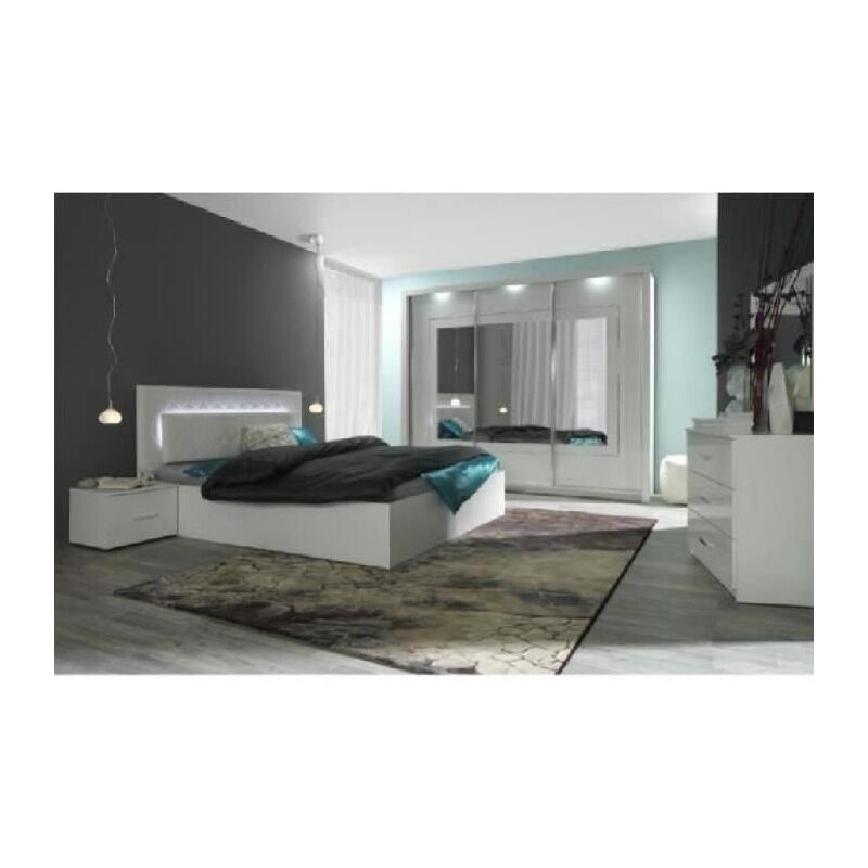 Chambre à coucher complète PANAREA + LED. Lit + garde robe + chevets + commode. Coloris blanc, finition chrome. - Blanc