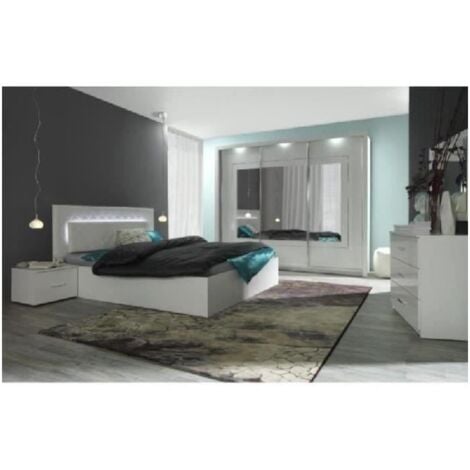 Chambre à coucher complète PANAREA + LED. Lit + garde robe + chevets + commode. Coloris blanc, finition chrome. - Blanc