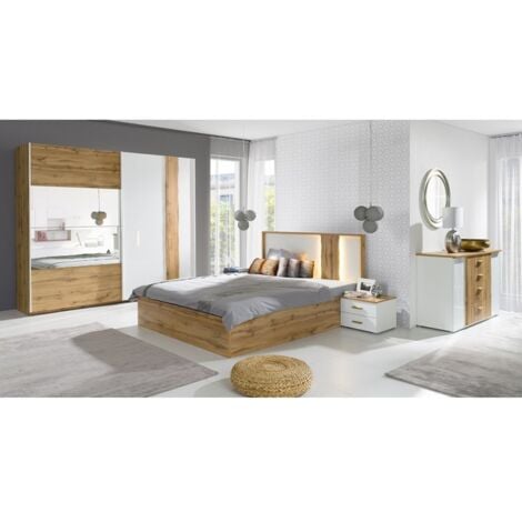 Chambre à coucher complète WOOD chêne et blanc. Lit + armoire + commode + 2 chevets - Marron - Bois