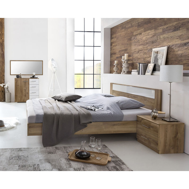 Chambre à coucher en panneaux de particules imitation chêne poutre/blanc/chrome - Dim: 180 x 200 cm - PEGANE -
