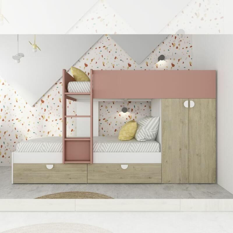Webmarketpoint - Chambre avec lit superposé avec tiroirs et armoire en chêne et vieux rose