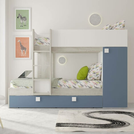Chambre avec lit superposé et lit gigogne avec armoire intégrée blanc usé et bleu clair