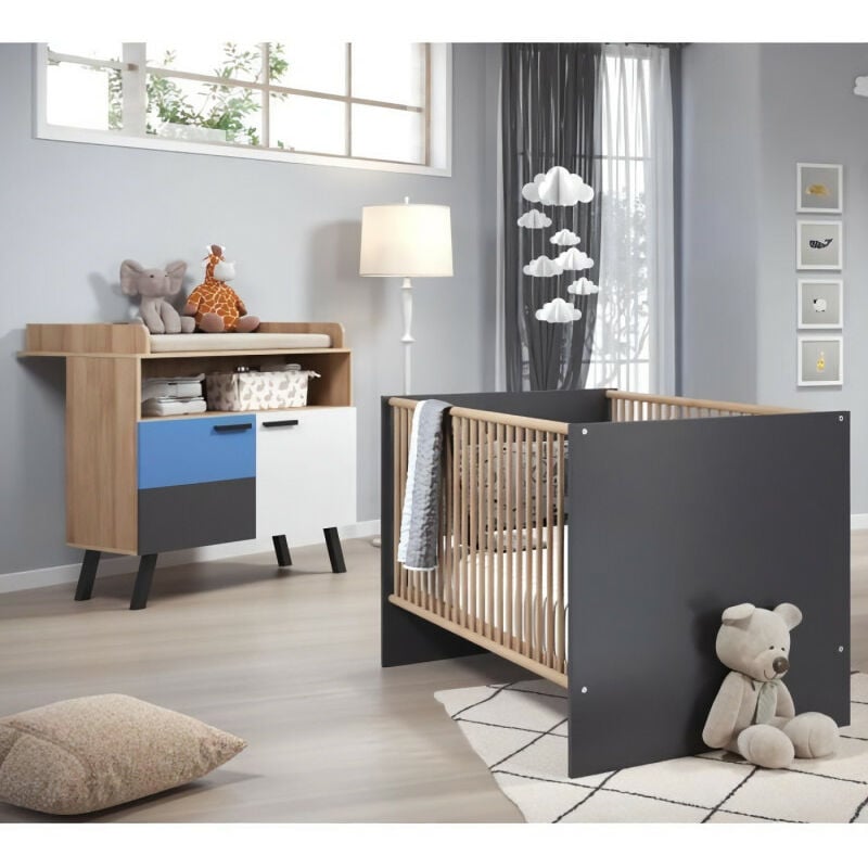 Chambre bébé duo mats color - Lit 70x140 cm + Commode a langer 2 portes - Décor gris anthracite et blanc mat Trendteam
