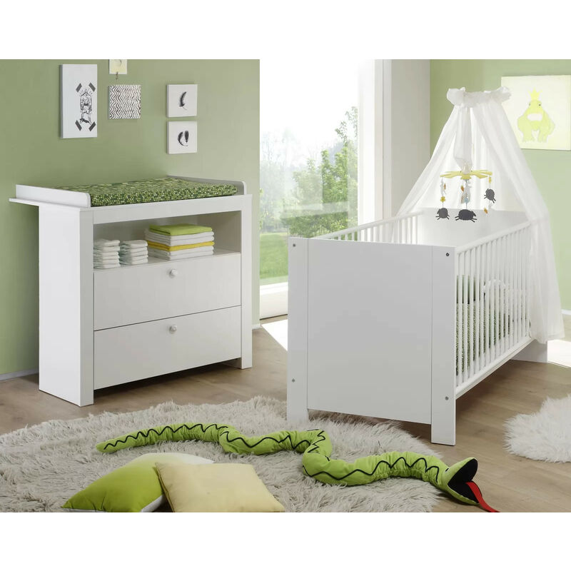 Chambre bébé Kenan lit 70x140 cm avec commode à langer mélaminé blanc