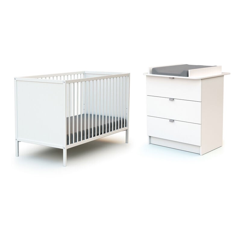 Les Tendances - Lit bébé 60x120 et commode 3 tiroirs avec plan à langer AT4 Webaby Blanc