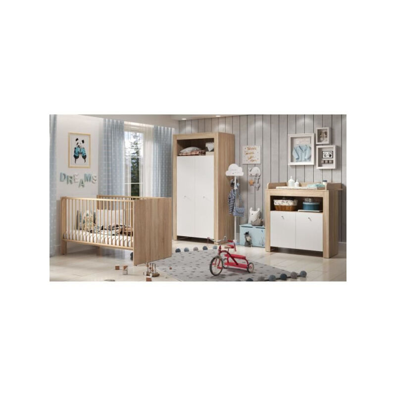 Trendteam - Chambre bébé trio pia - Lit 70x140 cm + Commode a langer 2 portes + Armoire 2 portes - Décor chene sonoma et blanc mat - tren