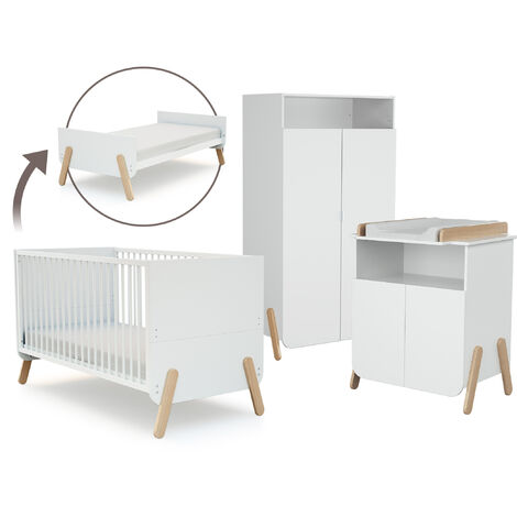Chambre bébé complète avec lit évolutif 70x140cm – Commode à langer avec plan amovible – Armoire en hêtre massif – 6 étagères réglables – AT4