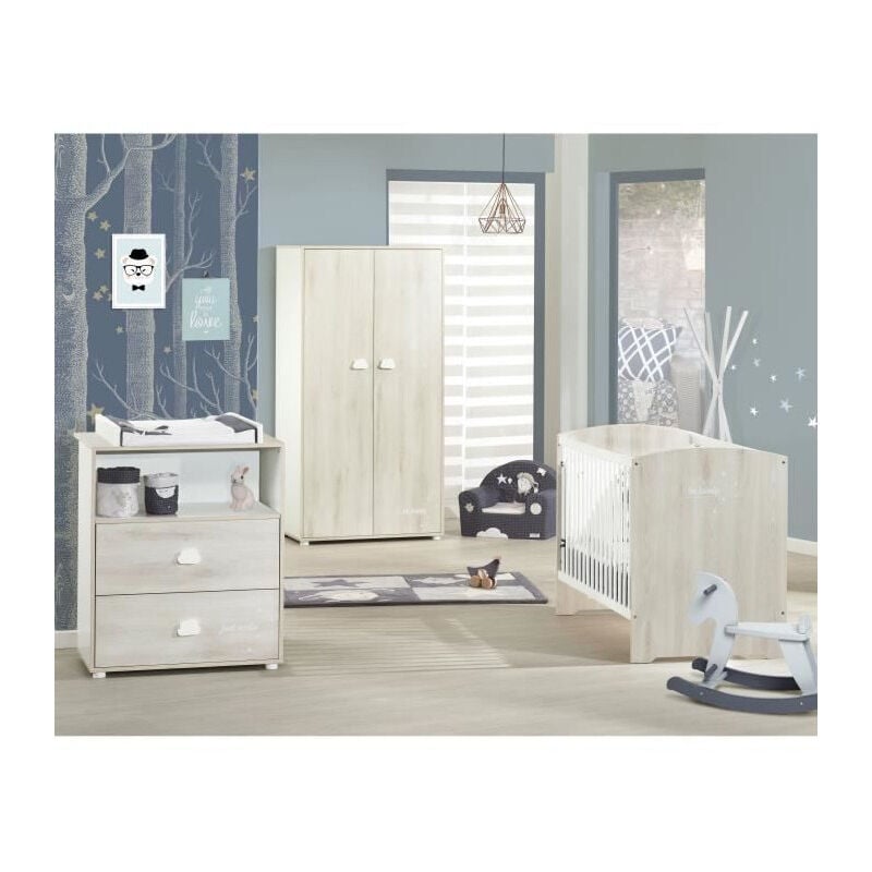 Baby Price - Chambre bébé complete - Lit 120x60, commode a langer et armoire smile - Hetre cendré