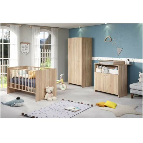 Chambre bébé complète 3 pièces – Lit 70x140 cm avec sommier réglable – Armoire 80x185 cm en panneaux mélaminés chêne naturel – Trendteam