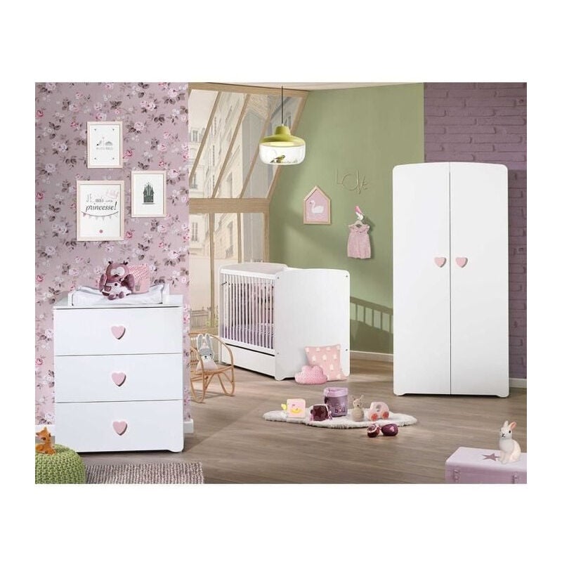 Baby Price - Chambre bébé trio Basic coeur: lit 120x60, commode a langer et armoire - Babyprice - Blanc