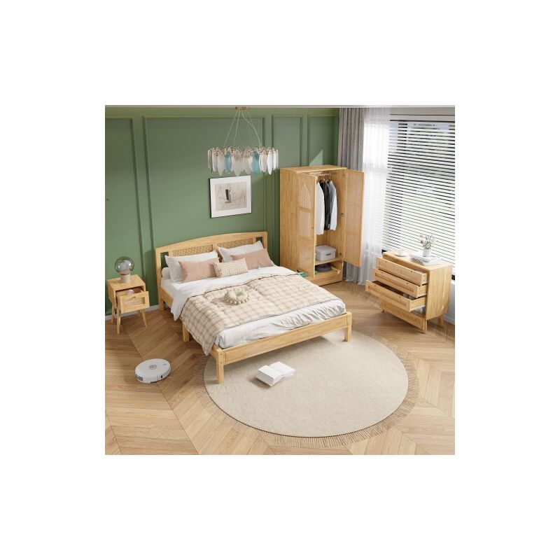 Chambre complète, 4 pièces. Lit en rotin moderne + table de chevet + commode + armoire, lit double 160x200cm, pin + panneau de particules + rotin PE,