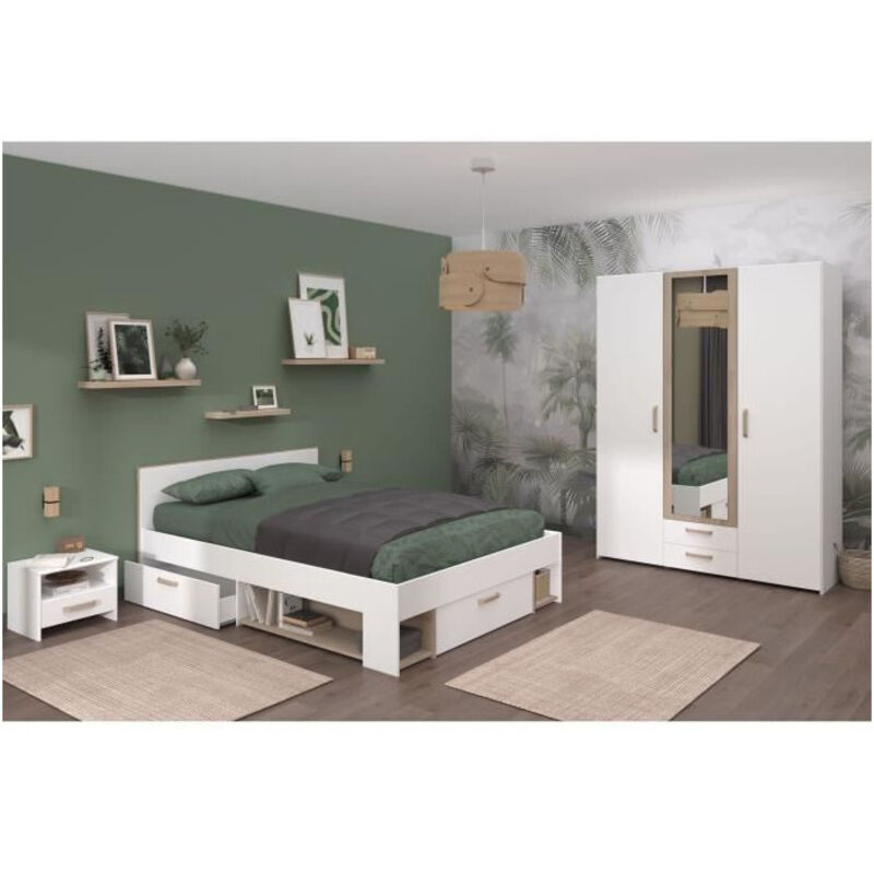 Chambre complete adulte - dream - Lit 140x190/200 cm + 2 chevets + armoire - Décor blanc et chene Parisot Chambre complete adulte - dream - Lit 140x190/200 cm + 2 chevets + armoire - Décor blanc et chene Parisot