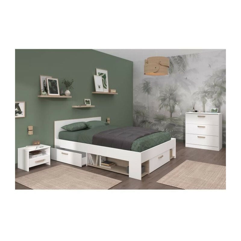 Chambre complete adulte dream : Lit 140x190/200 cm + 2 chevets + Commode - Décor blanc et chene Parisot
