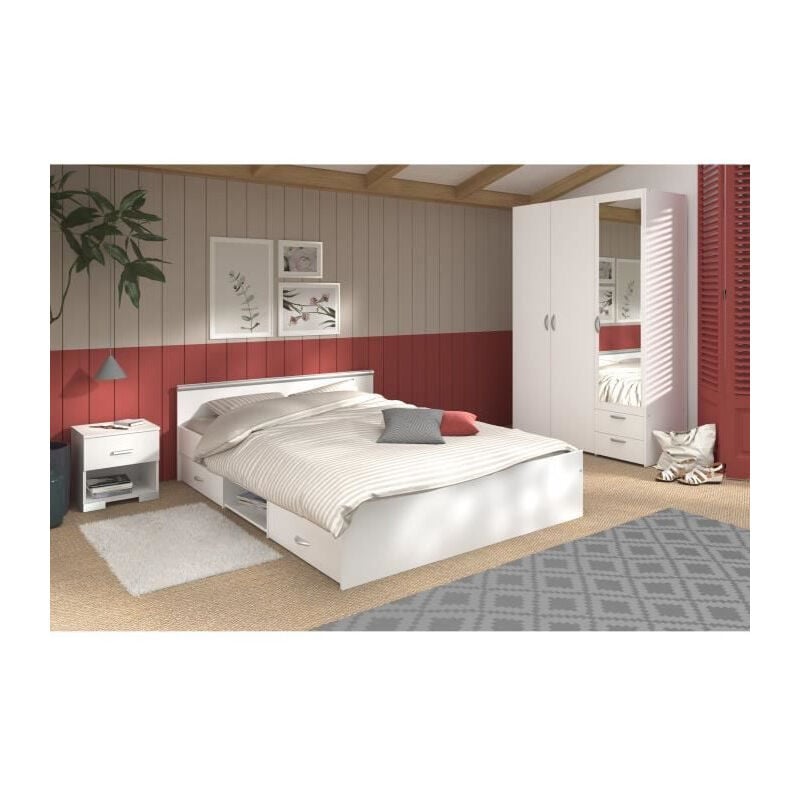 Chambre complete adulte: Lit 160 x 200 cm + armoire 3 portes et 2 tiroirs + 2 chevets - Décor Blanc Parisot