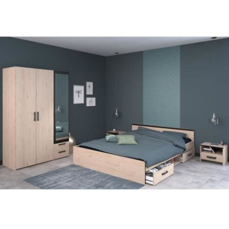 Chambre complète adulte – ZODIAC INDUS – Chêne noir – Lit 140x190 cm avec 2 tiroirs – Armoire 3 portes avec miroir – Parisot